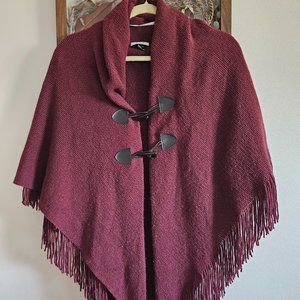 Burgundy Winter Poncho with Fringe, OS